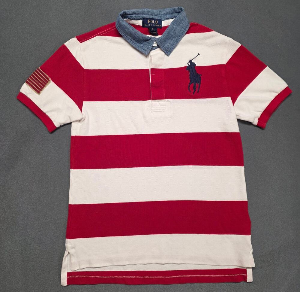 Polo Ralph Lauren Striped Polo Shirt Boys Medium (10- 12) USA Red White Pony